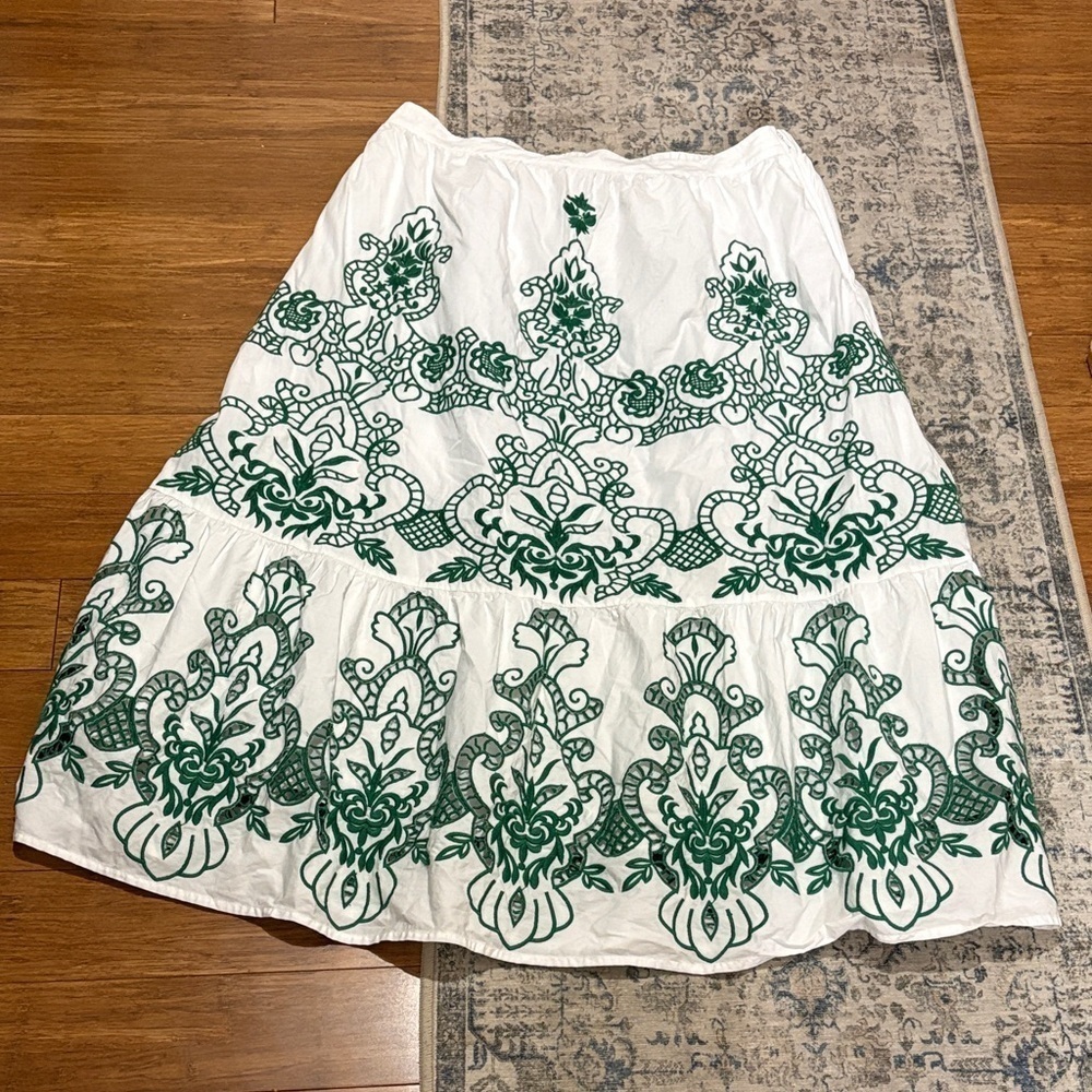 Soft Surroundings maxi skirt - white with detailed green embroidery- size Large